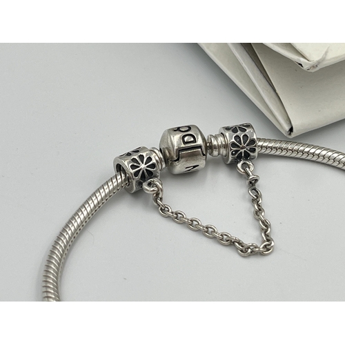 2416 - Four pieces of Pandora .925 silver jewellery, three charm bracelets with assorted charms and one pen... 