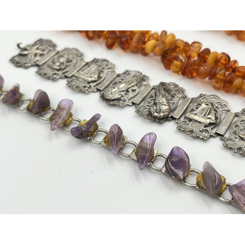 2469 - Three pieces of jewellery, one vintage amber beaded necklace, one amethyst and white metal bracelet ... 