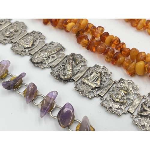 2469 - Three pieces of jewellery, one vintage amber beaded necklace, one amethyst and white metal bracelet ... 