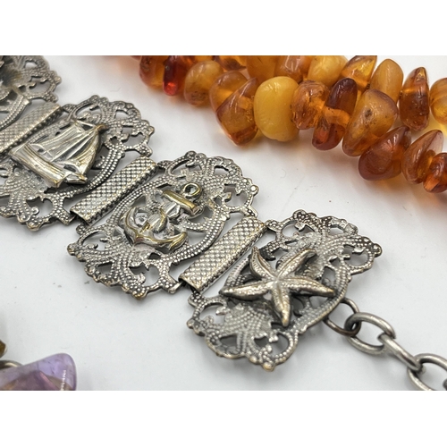 2469 - Three pieces of jewellery, one vintage amber beaded necklace, one amethyst and white metal bracelet ... 