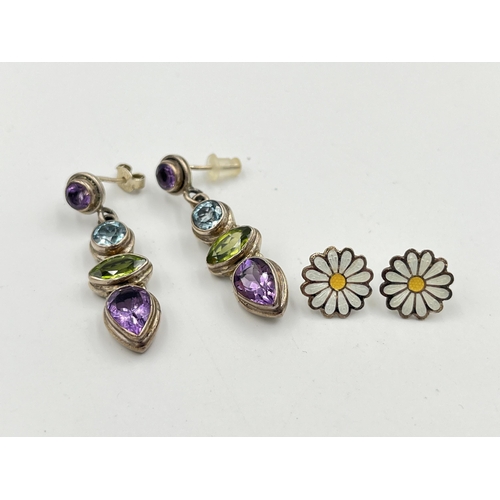 2474 - Two pairs of silver earrings, one .925 amethyst, blue topaz and peridot and one Ramirez .980 and ena... 