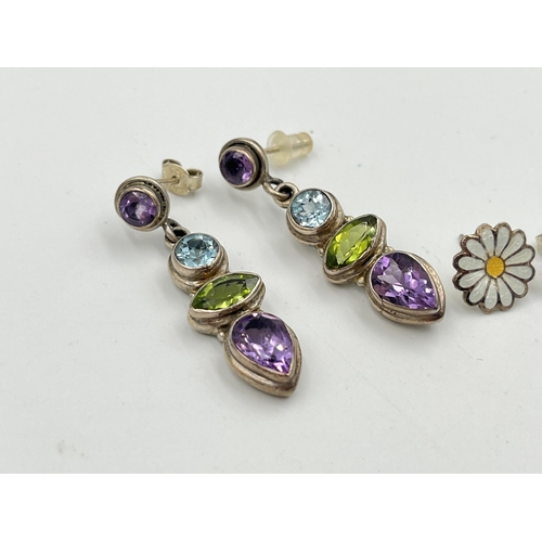 2474 - Two pairs of silver earrings, one .925 amethyst, blue topaz and peridot and one Ramirez .980 and ena... 