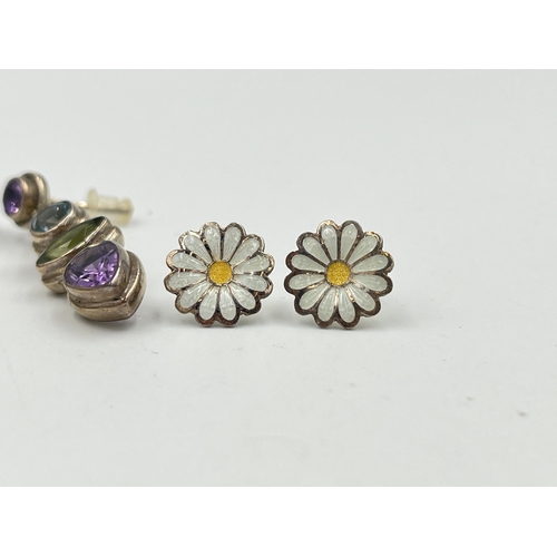 2474 - Two pairs of silver earrings, one .925 amethyst, blue topaz and peridot and one Ramirez .980 and ena... 