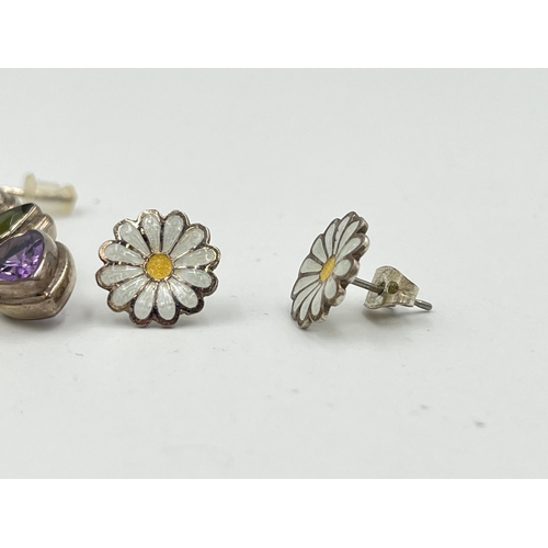 2474 - Two pairs of silver earrings, one .925 amethyst, blue topaz and peridot and one Ramirez .980 and ena... 