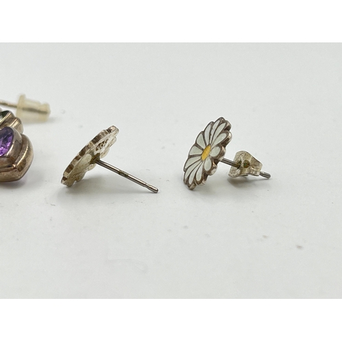 2474 - Two pairs of silver earrings, one .925 amethyst, blue topaz and peridot and one Ramirez .980 and ena... 