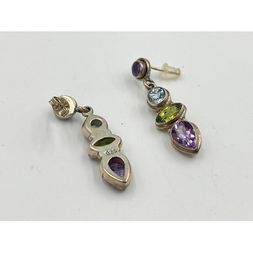 2474 - Two pairs of silver earrings, one .925 amethyst, blue topaz and peridot and one Ramirez .980 and ena... 