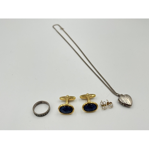 2476 - Four pieces of jewellery, one pair of yellow metal and CZ earrings, one pair of yellow metal cufflin... 