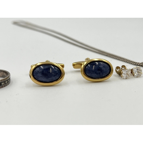 2476 - Four pieces of jewellery, one pair of yellow metal and CZ earrings, one pair of yellow metal cufflin... 