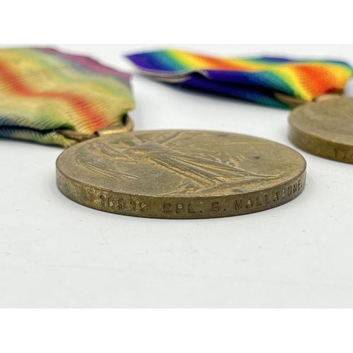 2027 - Two WWI British Royal Artillery Victory medals, one presented to 16519 Cpl. G. Mallabone and one pre... 