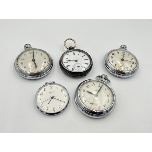 2320 - Five antique and later open face pocket watches, one .800 silver, three Smiths and on Sekonda