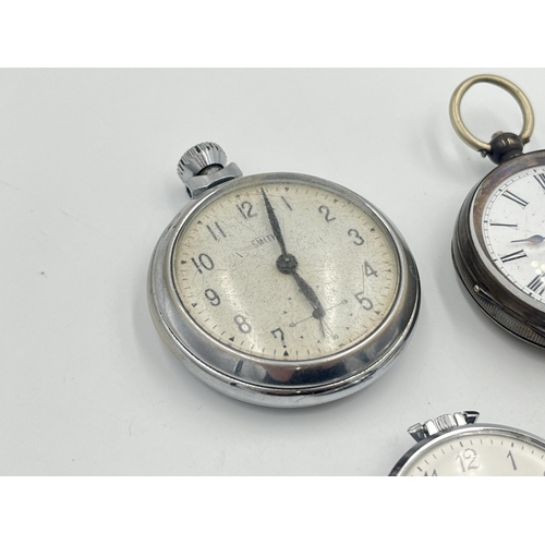 2320 - Five antique and later open face pocket watches, one .800 silver, three Smiths and on Sekonda