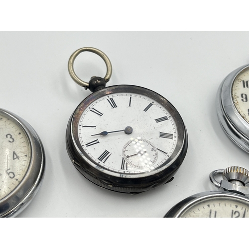 2320 - Five antique and later open face pocket watches, one .800 silver, three Smiths and on Sekonda