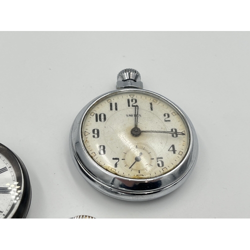 2320 - Five antique and later open face pocket watches, one .800 silver, three Smiths and on Sekonda