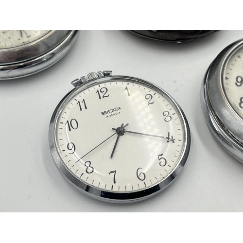 2320 - Five antique and later open face pocket watches, one .800 silver, three Smiths and on Sekonda