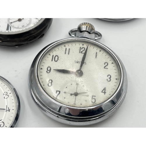 2320 - Five antique and later open face pocket watches, one .800 silver, three Smiths and on Sekonda