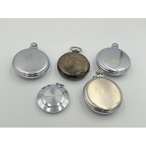 2320 - Five antique and later open face pocket watches, one .800 silver, three Smiths and on Sekonda