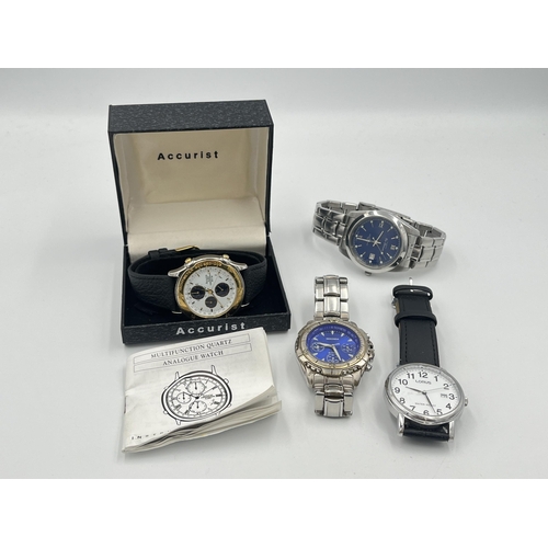 2321 - Four quartz men's wristwatches, one boxed Accurist SR927W alarm chronograph, one Sekonda, one Ben Sh... 