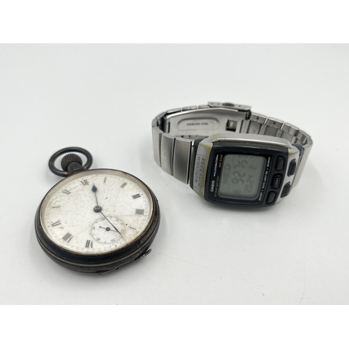 2330 - Two watches, one antique hallmarked Birmingham silver open face hand wind pocket watch and one Casio... 