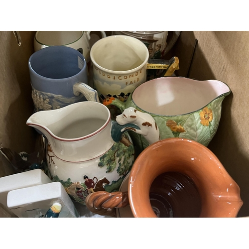 1051 - Three boxes containing Crown Devon Fieldings Widdicombe Fair jug, Royal Doulton Oliver Twist jug, We... 