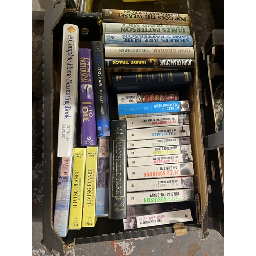 1057 - Five boxes containing pair of hardwood barley twist candlesticks, books, glassware etc.