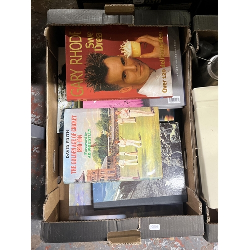 1057 - Five boxes containing pair of hardwood barley twist candlesticks, books, glassware etc.