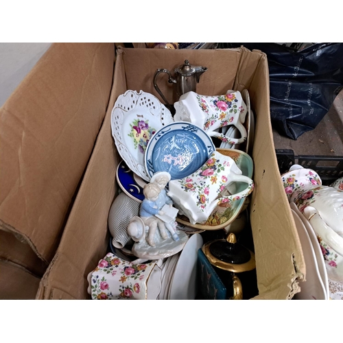 1002 - Three boxes containing ceramics, glassware, wicker basket, Crown & Brooke wooden parasol, Office Wor... 