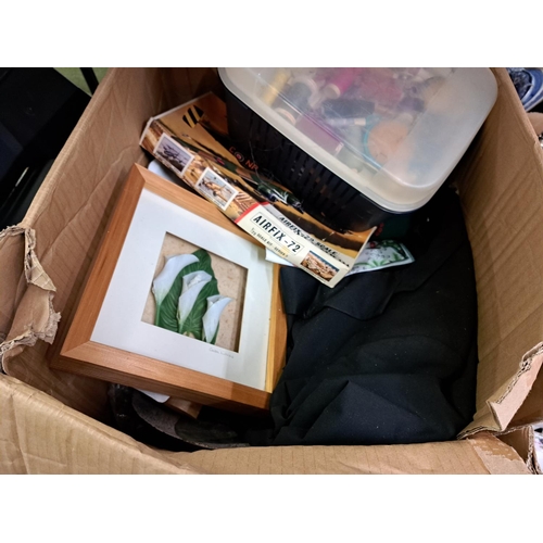 1002 - Three boxes containing ceramics, glassware, wicker basket, Crown & Brooke wooden parasol, Office Wor... 