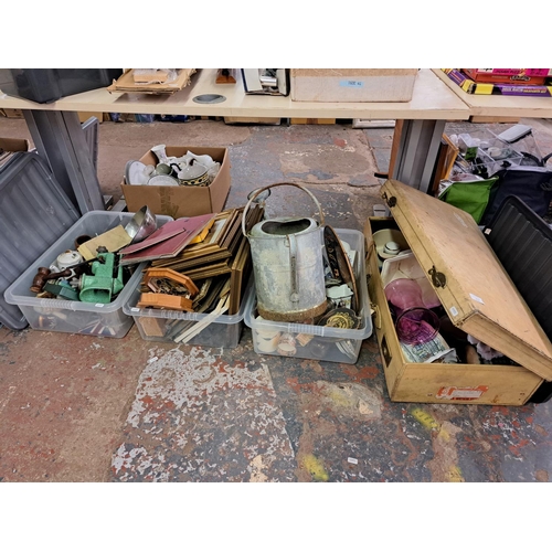 1014 - Three boxes and one suitcase containing costume jewellery, galvanised watering can, ceramics, 1950s ... 