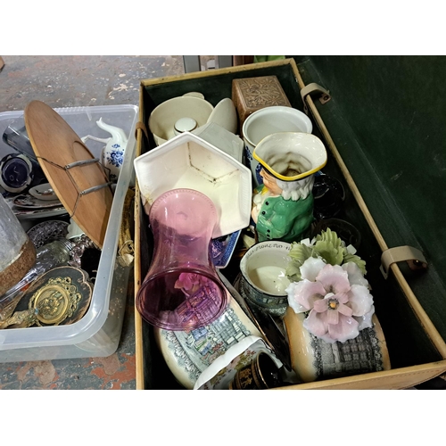 1014 - Three boxes and one suitcase containing costume jewellery, galvanised watering can, ceramics, 1950s ... 