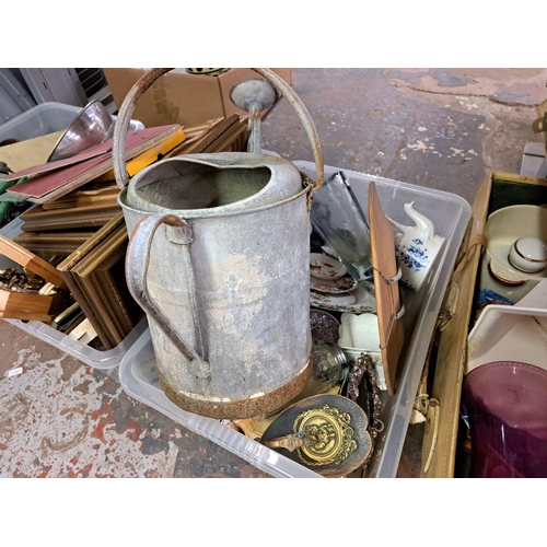 1014 - Three boxes and one suitcase containing costume jewellery, galvanised watering can, ceramics, 1950s ... 