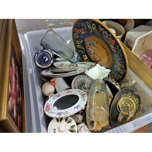 1014 - Three boxes and one suitcase containing costume jewellery, galvanised watering can, ceramics, 1950s ... 