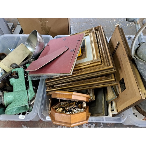 1014 - Three boxes and one suitcase containing costume jewellery, galvanised watering can, ceramics, 1950s ... 