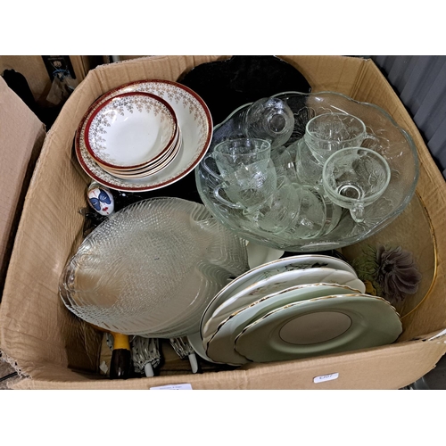 1027 - Five boxes containing glassware, ceramics, cigarette cards etc.