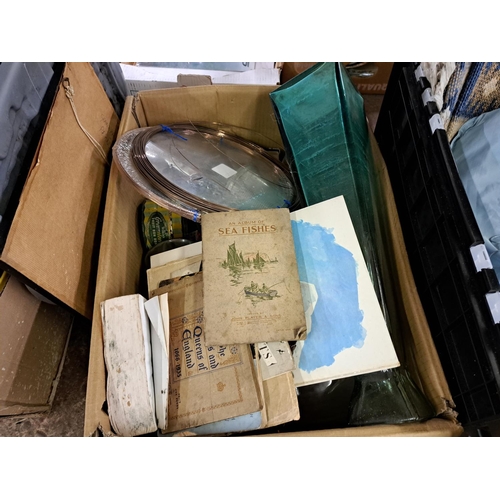 1027 - Five boxes containing glassware, ceramics, cigarette cards etc.