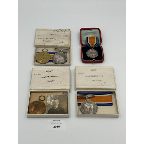 2036 - A WWI family medal group awarded to PTE. H. Whitehead LAN. FUS. and PTE. J. Whitehead. Cheshire Reg.... 