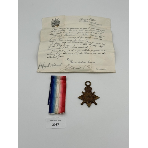 2037 - A WWI 1914-1915 Star medal presented to 6629 PTE. T. Ormerod. Bord. R. with hand signed presentation... 