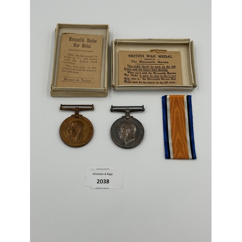 2038 - Two WWI British War medals presented to The Mercantile Marine Robert N. Bradford, one 1914-1918 War ... 