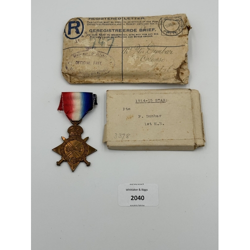 2040 - A boxed WWI 1914-1915 Victory Star medal presented to PTE. P. Dunbar 1st M. R.