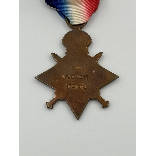 2040 - A boxed WWI 1914-1915 Victory Star medal presented to PTE. P. Dunbar 1st M. R.