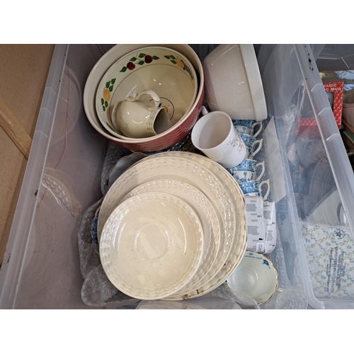 1039 - Three boxes containing W. A. & Sons Staffordshire Willow pattern circular bowl, framed prints etc.