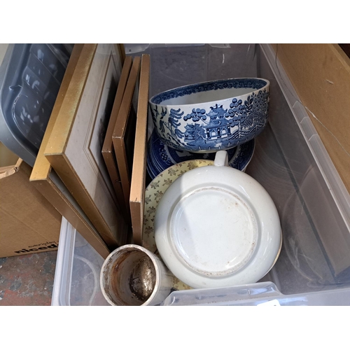 1039 - Three boxes containing W. A. & Sons Staffordshire Willow pattern circular bowl, framed prints etc.