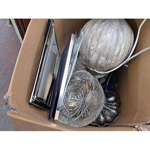 1041 - Three boxes containing ceramics, glassware, table lamp etc.