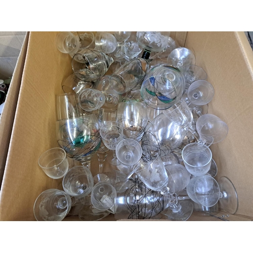 1046 - Three boxes containing Star Glass UK hand made wine glasses, Wade Johnnie Walker Scotch Whisky jug, ... 