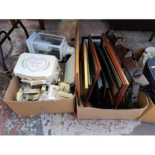 1049 - Four boxes containing ceramics, Gard X Protection conserver liquid, framed pictures, costume jewelle... 