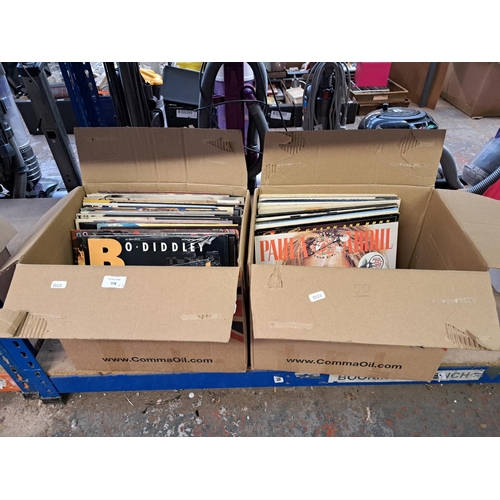 778 - Two boxes containing a collection of vinyl records to include Bo Diddley, Booker T. & the MG's, Eddy... 