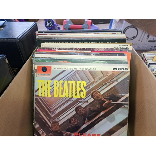 780 - Two record cases and one box containing The Beatles, The Who, David Bowie, Madness, The Police, Roxy... 