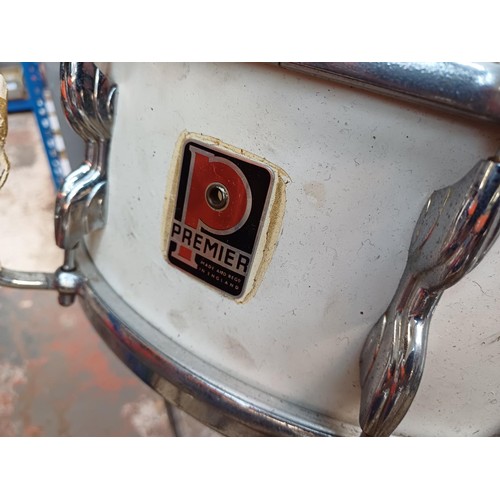 800 - A vintage drum kit comprising Premier snare with flush base stand, Olympic bass drum with Premier pe... 