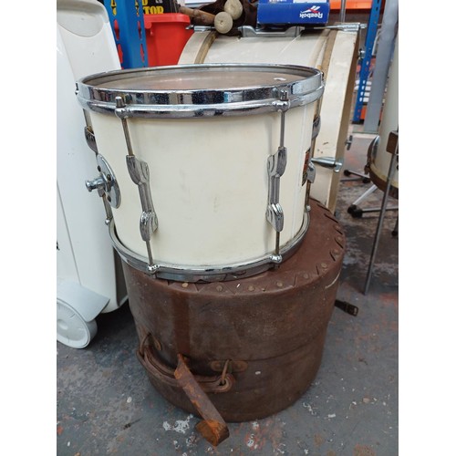 800 - A vintage drum kit comprising Premier snare with flush base stand, Olympic bass drum with Premier pe... 