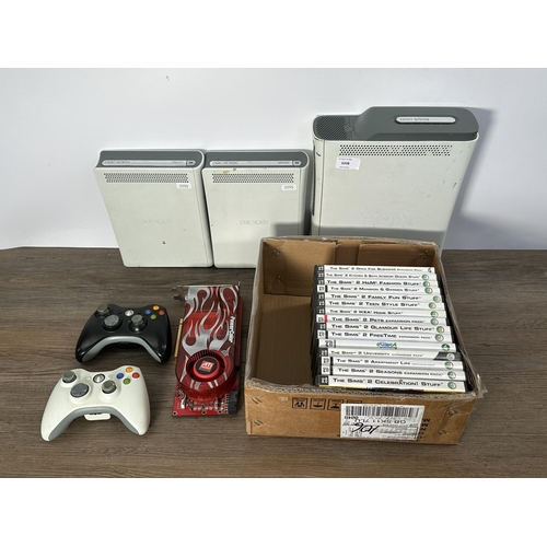 726 - A collection of gaming items to include Xbox 360 console, two Xbox 360 HDDVD drives and one ATI Rade... 