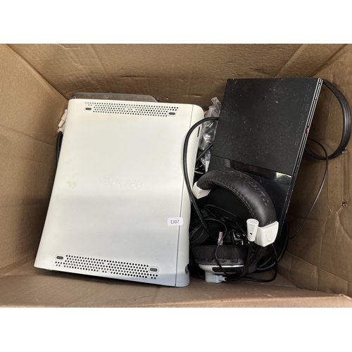 736 - A box containing various gaming items to include Microsoft Xbox 360 console, Sony PlayStation 2 cons... 